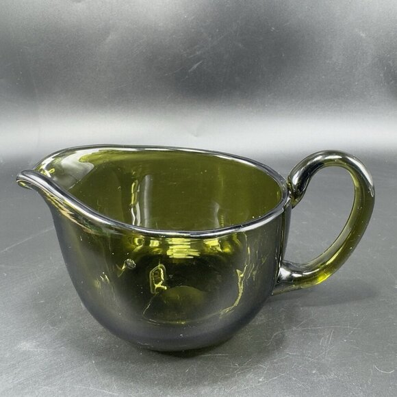 Hand Blown Dark Green Art Glass Pitcher Jug With Handle Hand Made Glassware VTG - Picture 8 of 13